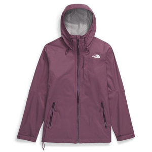 The North Face Women's Rain Jacket is a purple, waterproof hooded jacket with adjustable drawstrings, a front zipper, and zippered pockets. The North Face logo is on the chest.