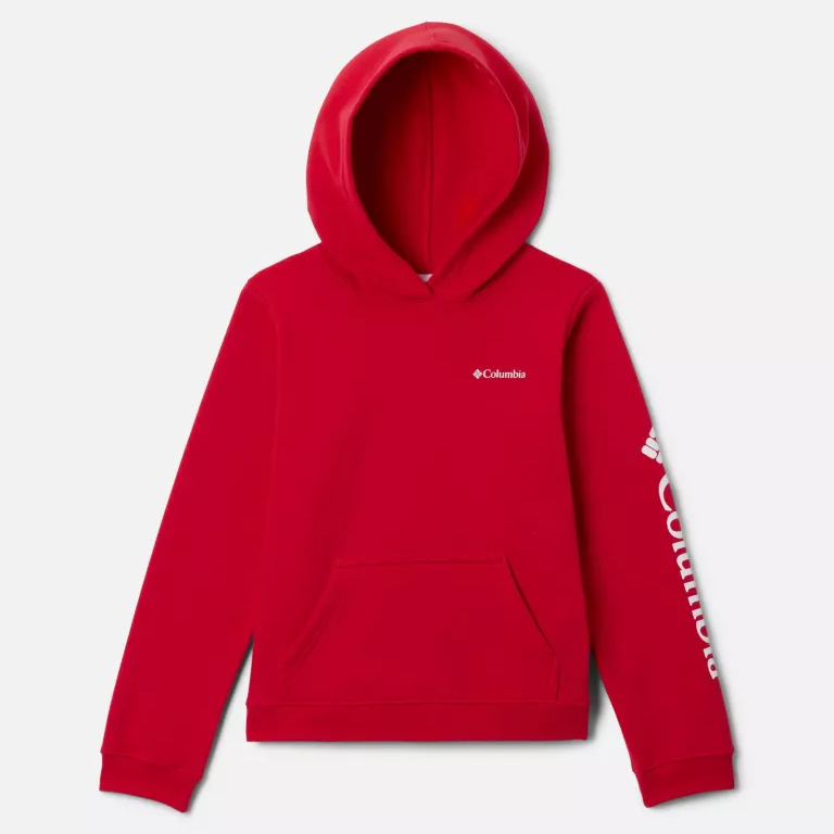 A red hoodie with a kangaroo pocket, featuring a Columbia logo on the chest and branded text along the left sleeve.