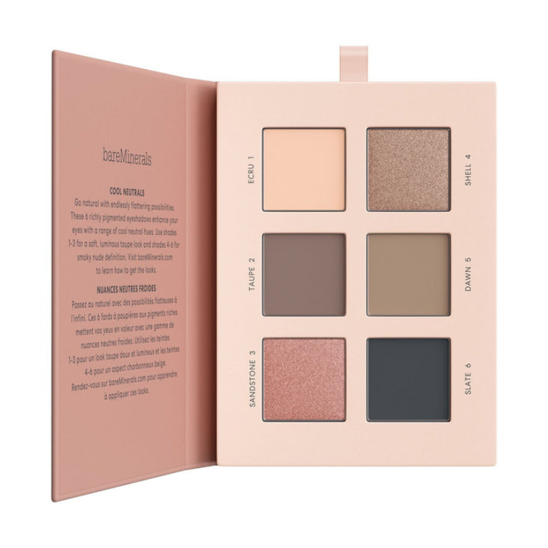 BareMinerals Cool Neutrals Eyeshadow Palette includes six shades: Ecru, Taupe, Sandstone, Shell, Dawn, and Slate. The colors range from soft neutrals to smoky tones designed for versatile eye looks.