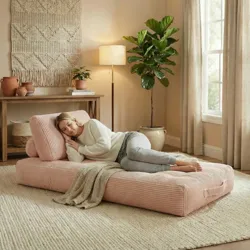 A person is resting on a modular couch with soft pink cushions in a cozy room. The space features a large potted plant, a standing lamp, a textured wall hanging, and neutral decor elements, creating a tranquil ambiance.