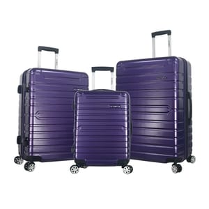Three sizes of matching purple hard-shell suitcases with telescoping handles and four wheels.