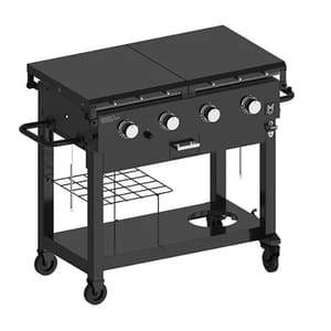 Member's Mark 4-Burner Gas Griddle features a large flat cooking surface, four control knobs, a lower shelf with a wire rack, a handle on each side, and swivel casters for mobility, designed for outdoor cooking.