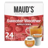 Maud's \“Sweater Weather\“ Apple Cider pods, 24-pack, featuring natural and artificially flavored apple cider with spice notes, presented in a warm design.