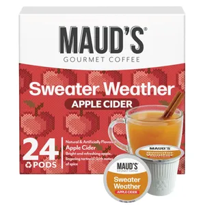 Maud's \“Sweater Weather\“ Apple Cider pods, 24-pack, featuring natural and artificially flavored apple cider with spice notes, presented in a warm design.