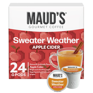 Maud's \“Sweater Weather\“ Apple Cider pods, 24-pack, featuring natural and artificially flavored apple cider with spice notes, presented in a warm design.