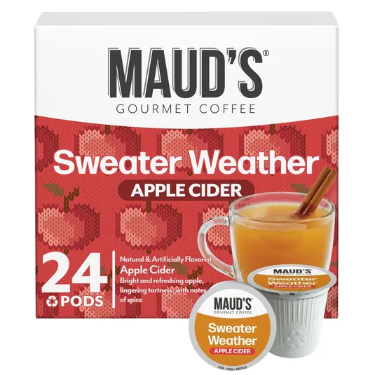 Maud's \“Sweater Weather\“ Apple Cider pods, 24-pack, featuring natural and artificially flavored apple cider with spice notes, presented in a warm design.