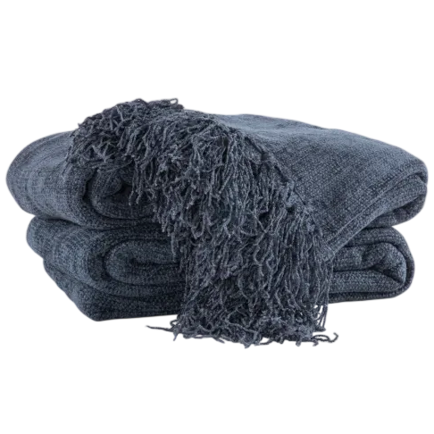 A folded dark blue throw blanket with fringe detailing on one edge.