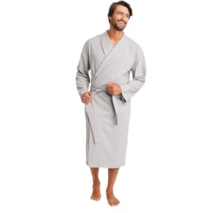 A mid-calf length men's gray bathrobe, featuring a wrap-around design with a belt and long sleeves.