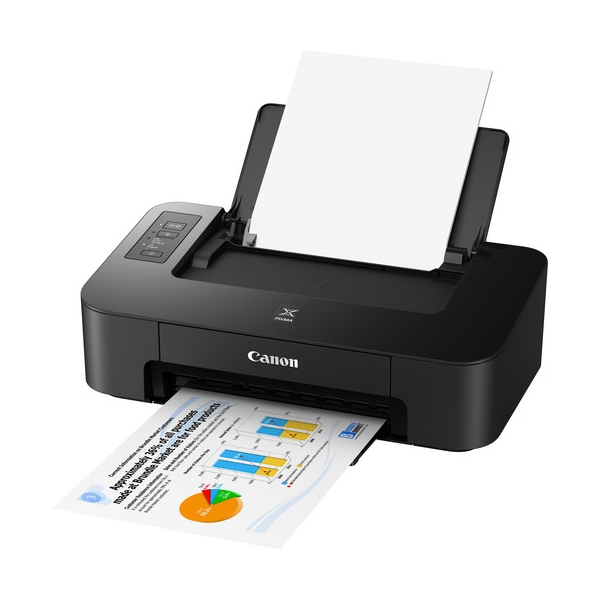 A Canon PIXMA printer is shown, printing a color document with charts and graphs.