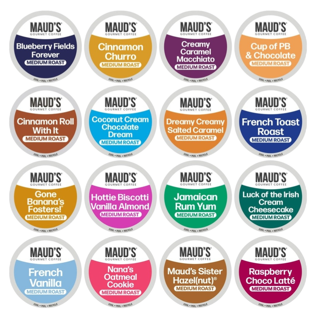 Maud's Gourmet Coffee offers a variety of medium roast flavors, including Blueberry Fields Forever, Cinnamon Churro, Creamy Caramel Macchiato, and Cup of PB & Chocolate among others, each labeled with distinct flavors like Jamaican Rum Yum and Raspberry Choco Latté.