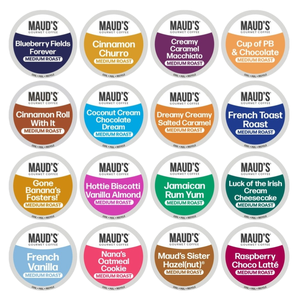 Maud's Gourmet Coffee offers a variety of medium roast flavors, including Blueberry Fields Forever, Cinnamon Churro, Creamy Caramel Macchiato, and Cup of PB & Chocolate among others, each labeled with distinct flavors like Jamaican Rum Yum and Raspberry Choco Latté.