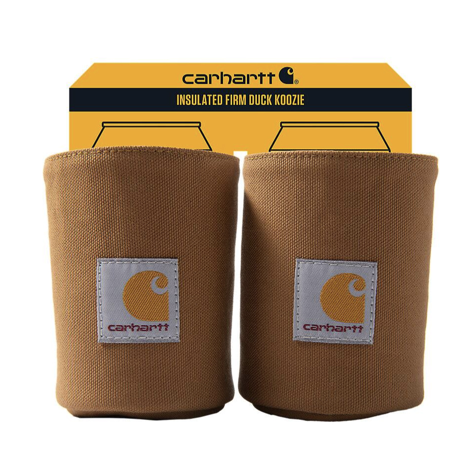 Carhartt cooler deal includes two insulated firm duck koozies, featuring the Carhartt logo on a brown fabric suitable for keeping beverages cold.