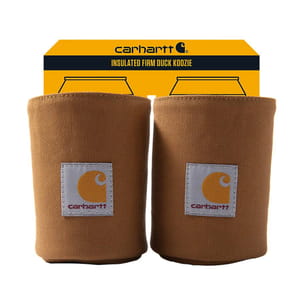 Carhartt cooler deal includes two insulated firm duck koozies, featuring the Carhartt logo on a brown fabric suitable for keeping beverages cold.
