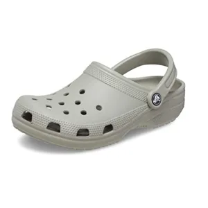 A light gray clog-style shoe, resembling Crocs, featuring ventilation holes and a back strap for secure fit.