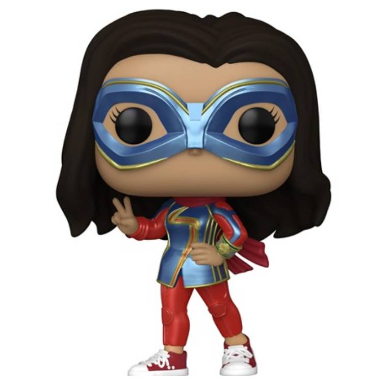 A Funko Pop! figure of Ms. Marvel, featuring her in a colorful superhero costume with red, blue, and gold accents, blue mask, and red Converse-style shoes, striking a peace sign pose.