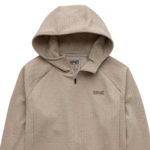Beige hooded jacket with a textured, perforated design, featuring a front zipper and an \“AE\“ logo on the chest.