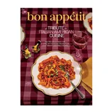 Bon Appétit magazine cover featuring a tribute to Italian American cuisine, showcasing a dish of pasta with bolognese sauce on a checkered tablecloth, accompanied by a glass of red wine.