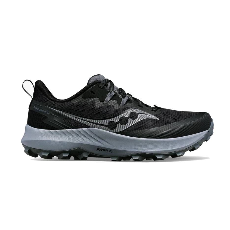 Saucony trail running shoe with a black and gray design features a textured outsole for grip and PWRRUN cushioning for comfort.