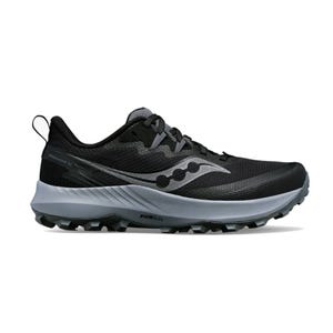 Saucony trail running shoe with a black and gray design features a textured outsole for grip and PWRRUN cushioning for comfort.