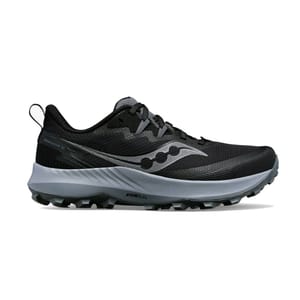 Saucony trail running shoe with a black and gray design features a textured outsole for grip and PWRRUN cushioning for comfort.