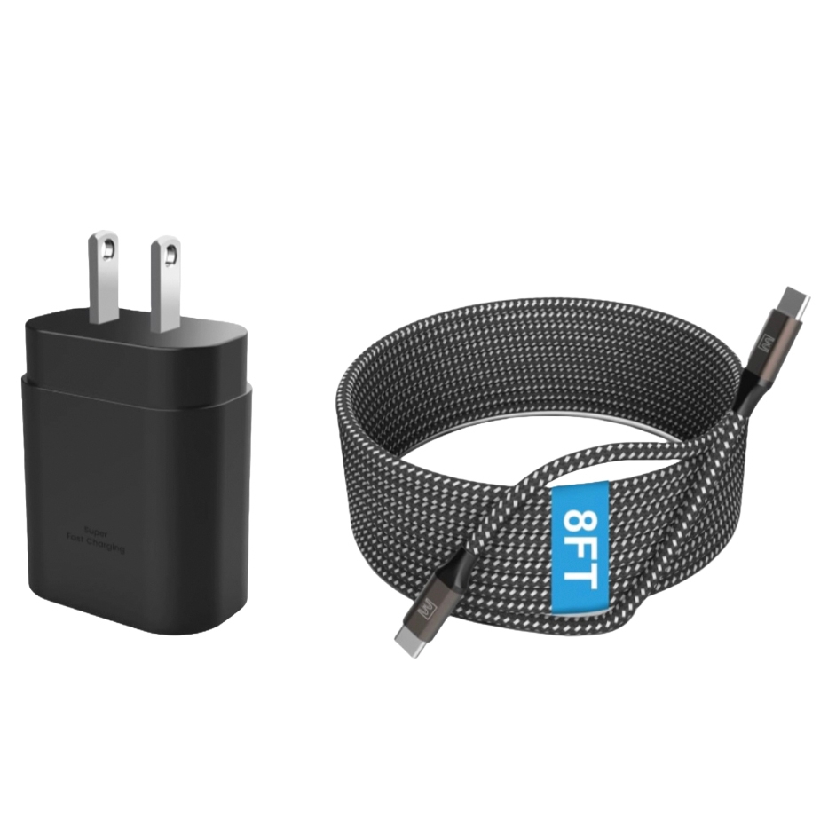 Black wall charger with \“Super Fast Charging\“ text and an 8-foot braided USB-C to USB-C cable.