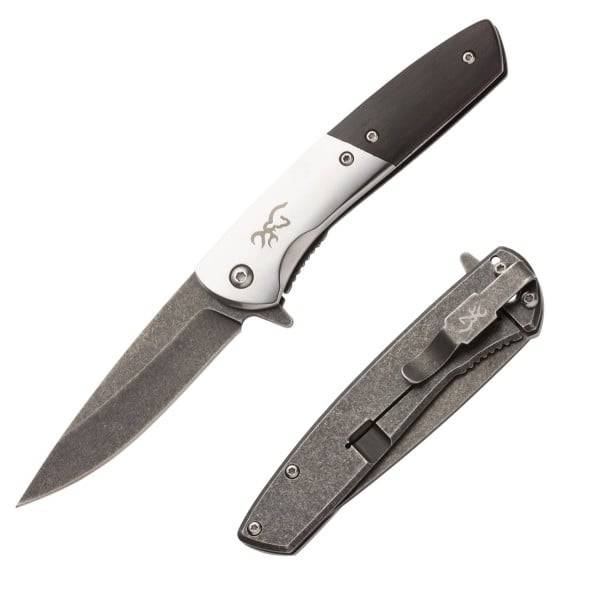 A Browning folding knife featuring a stonewashed blade, a black and silver handle, and a pocket clip with the Browning logo.