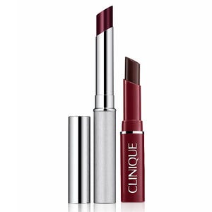 Two lipsticks by Clinique, one with a cap on and the other exposed, showcasing a dark red shade.
