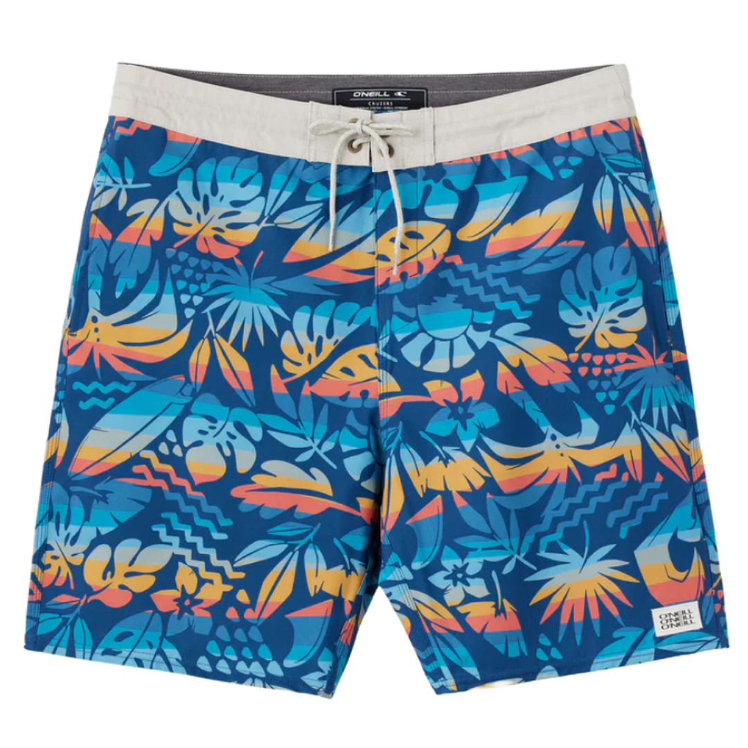 Colorful tropical-patterned board shorts with a drawstring waist and a mix of blue, orange, and yellow hues.