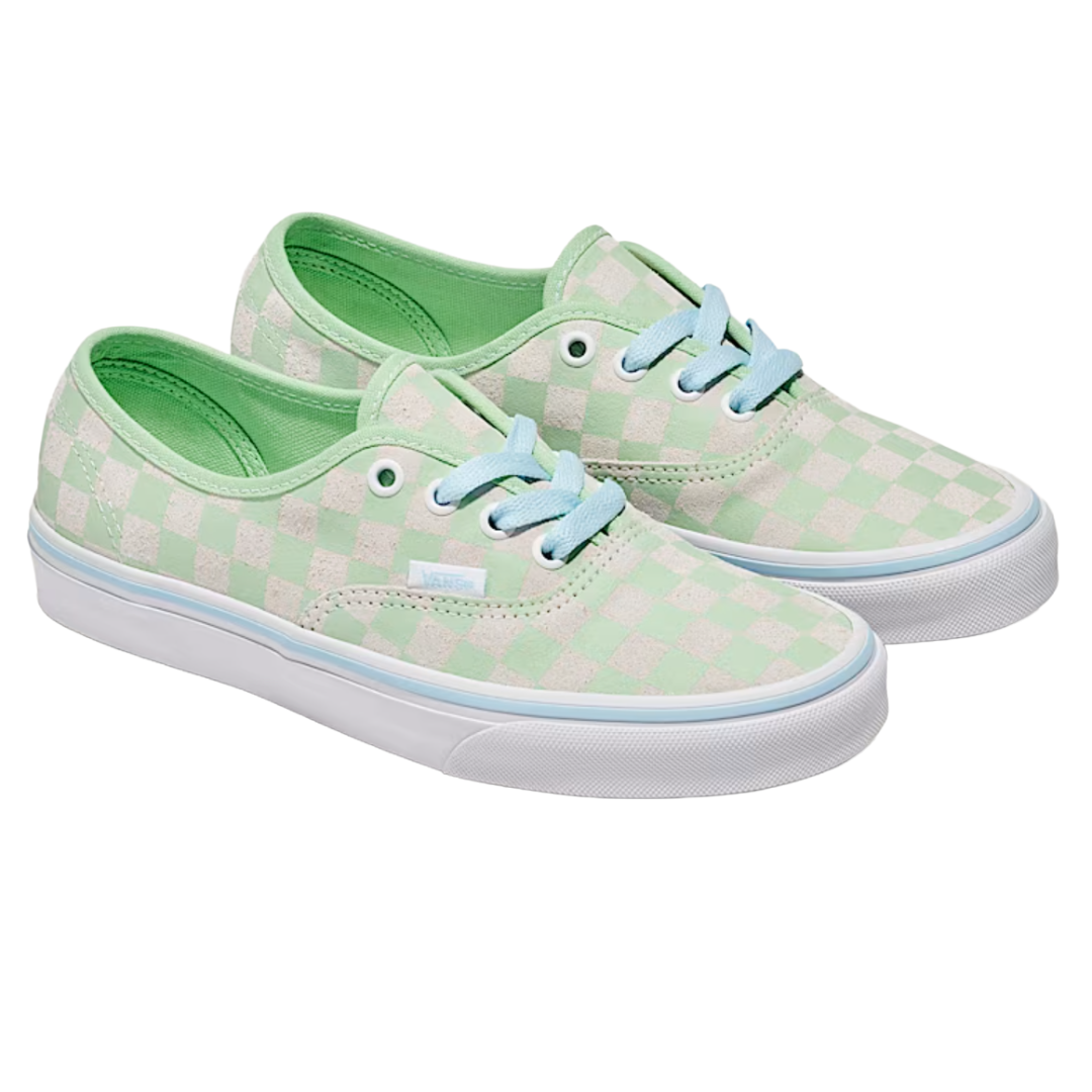 Mint green and white checkered shoes with light blue laces, featuring white rubber soles.