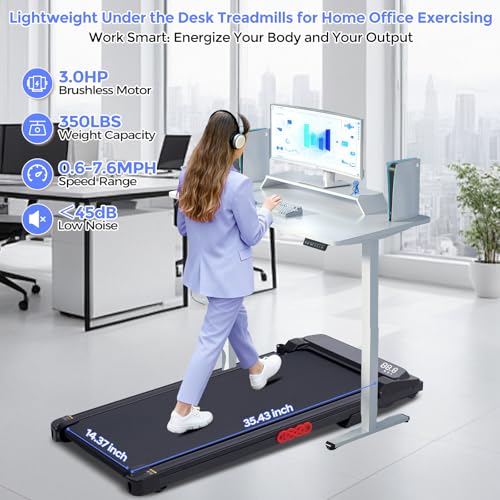 Under-desk treadmill for home office exercise with features including a 3.0HP brushless motor, 350 lbs weight capacity, 0.6-7.6 MPH speed range, and low noise (<45dB). Dimensions: 35.43 x 14.37 inches.