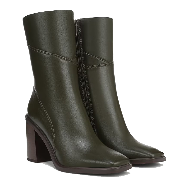 Olive green leather ankle boots with a square toe and chunky high heel; features a side zipper and visible stitching.