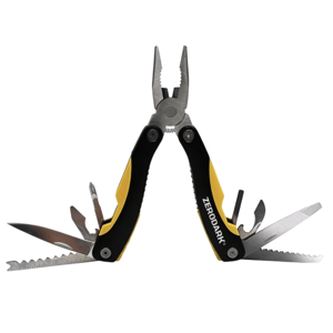 Zerodark multi-tool featuring pliers, a knife, a saw, a file, and various screwdrivers.