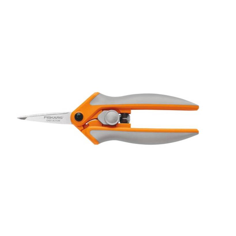Orange and grey pruning shears with sharp pointed blades for cutting plants.