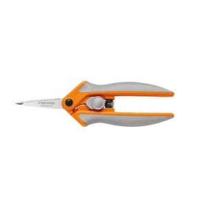 Orange and grey pruning shears with sharp pointed blades for cutting plants.