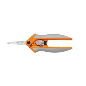 Orange and grey pruning shears with sharp pointed blades for cutting plants.