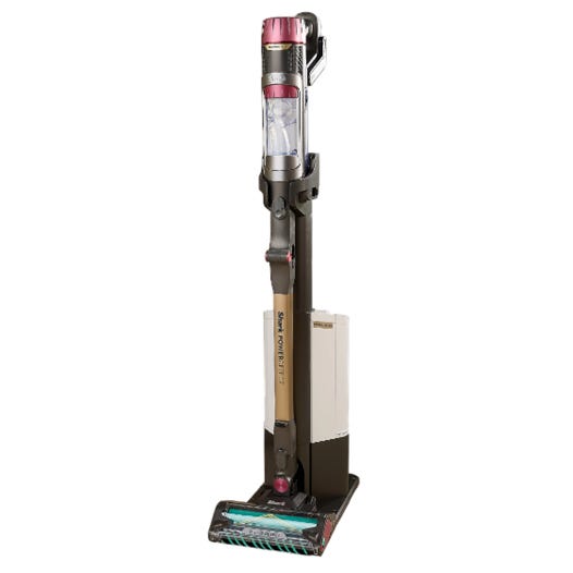 Cordless vacuum cleaner with a sleek, upright design and a self-standing charging base.
