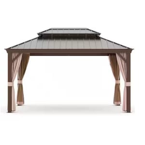 A gazebo with a metal roof and taupe curtains, featuring four pillars and a double-tiered design for ventilation.