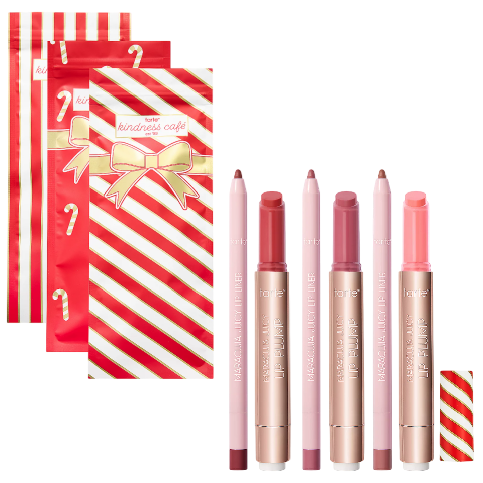 Three lip liner and Maracuja Juicy Lip Plump sets from Tarte, featuring shades of pink and red, are accompanied by festive red and white striped packaging adorned with candy cane motifs.
