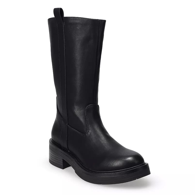 Black mid-calf boots with a sleek design, featuring a pull tab at the top, a rounded toe, and a chunky low heel for added comfort and style.