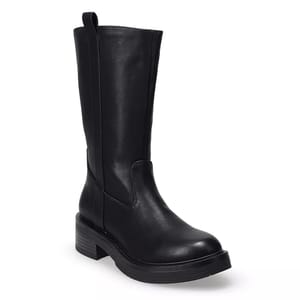 Black mid-calf boots with a sleek design, featuring a pull tab at the top, a rounded toe, and a chunky low heel for added comfort and style.