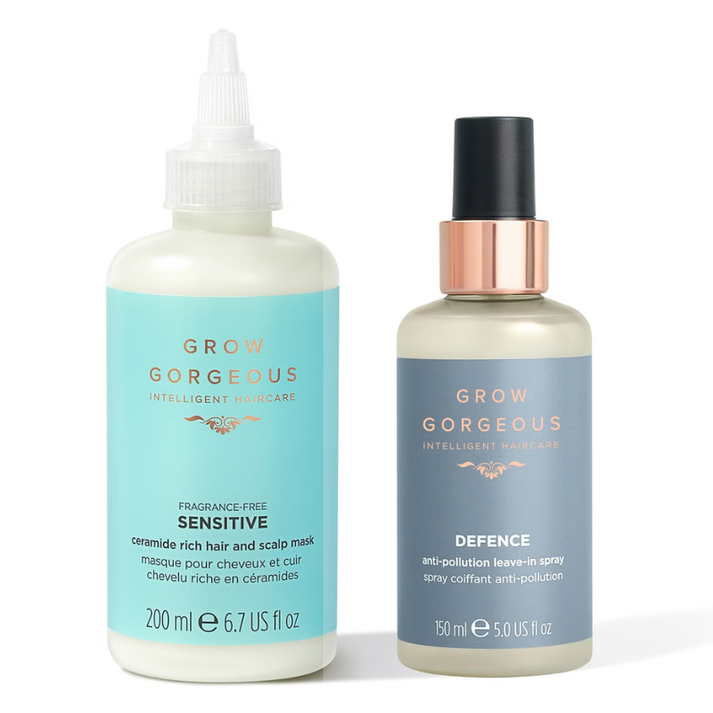The 2pc Nourish and Protect Hair Set includes a Grow Gorgeous Sensitive Ceramide Rich Hair and Scalp Mask (200ml) and a Defence Anti-Pollution Leave-In Spray (150ml).