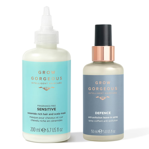 The 2pc Nourish and Protect Hair Set includes a Grow Gorgeous Sensitive Ceramide Rich Hair and Scalp Mask (200ml) and a Defence Anti-Pollution Leave-In Spray (150ml).