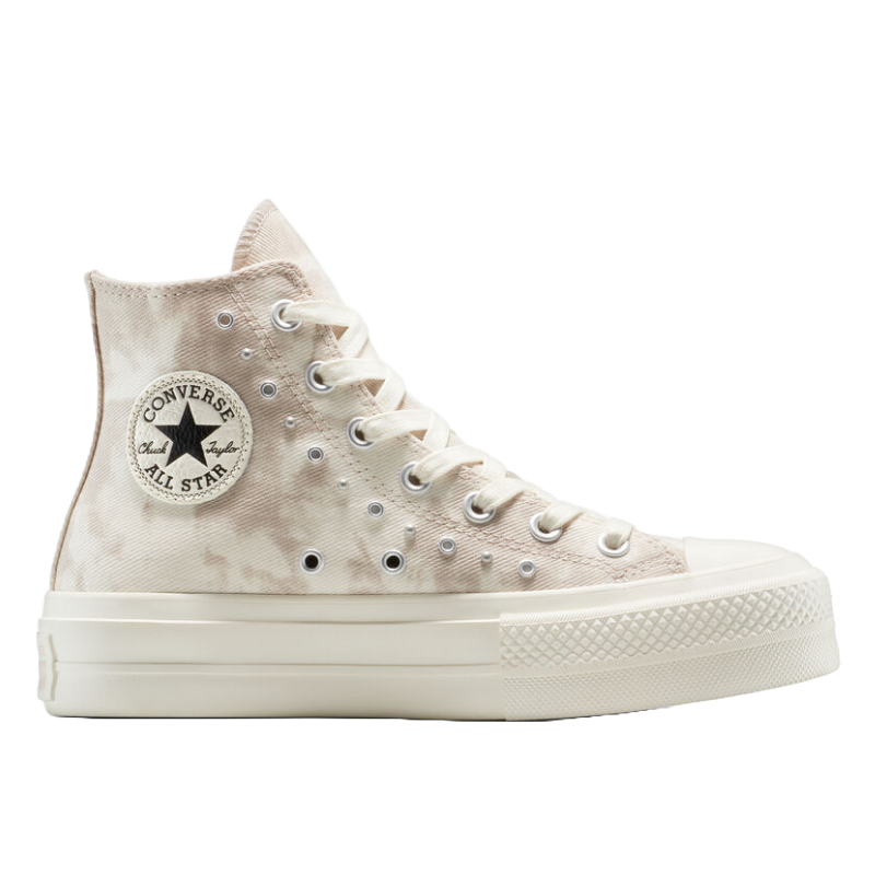 Converse Chuck Taylor All Star high-top sneaker with a beige tie-dye pattern, white laces, and the classic logo patch on the side. Features a thick rubber sole.
