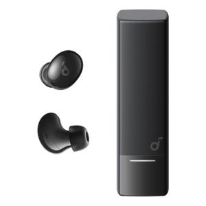 Soundcore noise-canceling earbuds with a sleek black design and compact charging case, featuring the Soundcore logo.