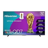 Hisense 75\“ MiniLED QLED QD7 TV featuring a native 144Hz panel, Dolby Vision-Atmos, and Fire TV integration, with FIFA official sponsor branding.
