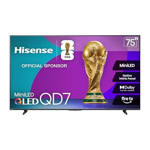 Hisense 75\“ MiniLED QLED QD7 TV featuring a native 144Hz panel, Dolby Vision-Atmos, and Fire TV integration, with FIFA official sponsor branding.