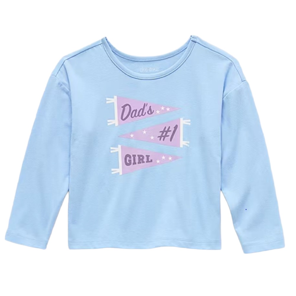Light blue long-sleeve shirt with three purple pennants that read \“Dad's #1 Girl\“ with white stars.
