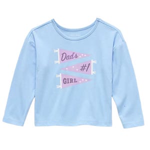 Light blue long-sleeve shirt with three purple pennants that read \“Dad's #1 Girl\“ with white stars.