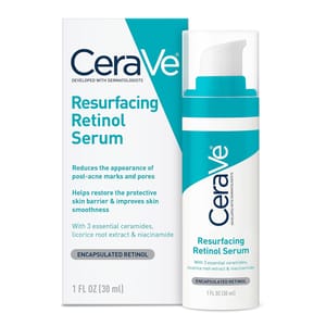 CeraVe Resurfacing Retinol Serum, 1 FL OZ (30 ml), reduces post-acne marks and pores, enhances skin smoothness, and includes encapsulated retinol with 3 essential ceramides, licorice root extract, and niacinamide. Developed with dermatologists.