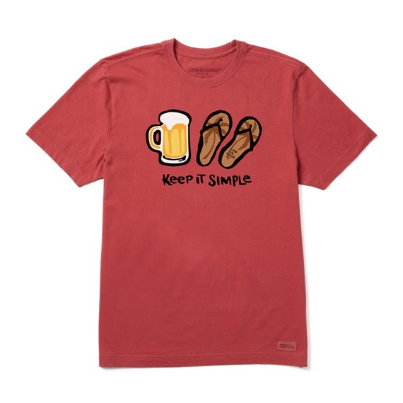 Red T-shirt with graphics of a beer mug and flip-flops, and the phrase \“Keep It Simple.\“